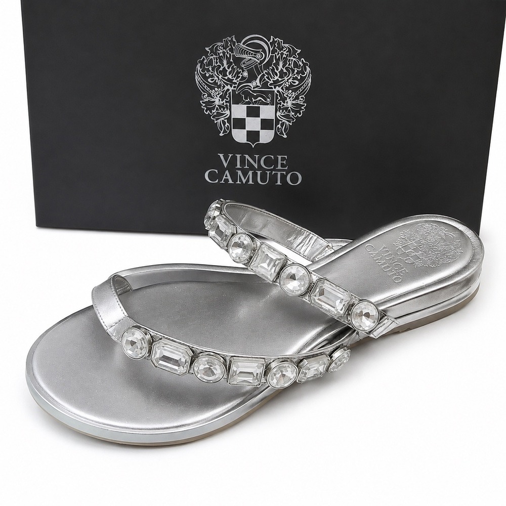 Silver Metallic Crystal Embellished Toe Ring Slide Sandals NIB